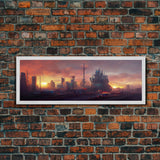Cyberpunk City, Night City Watercolor, Ready To Hang Canvas Print, Panoramic, Videogame Concept Art, Watercolor Painting Of a Cyberpunk City