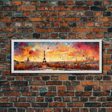 Eiffel Tower Abstract Paris France Panoramic Framed Canvas Print, Van Gogh Inspired Original Painting, Colorful Wall Art
