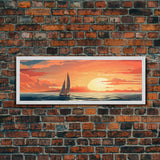 Nautical Decor, Beach Decor, Navy Decor, Coastal Decor, Sailboat At Sunset Framed Canvas Print, Ship Art, Lakehouse Decor, Nautical Painting