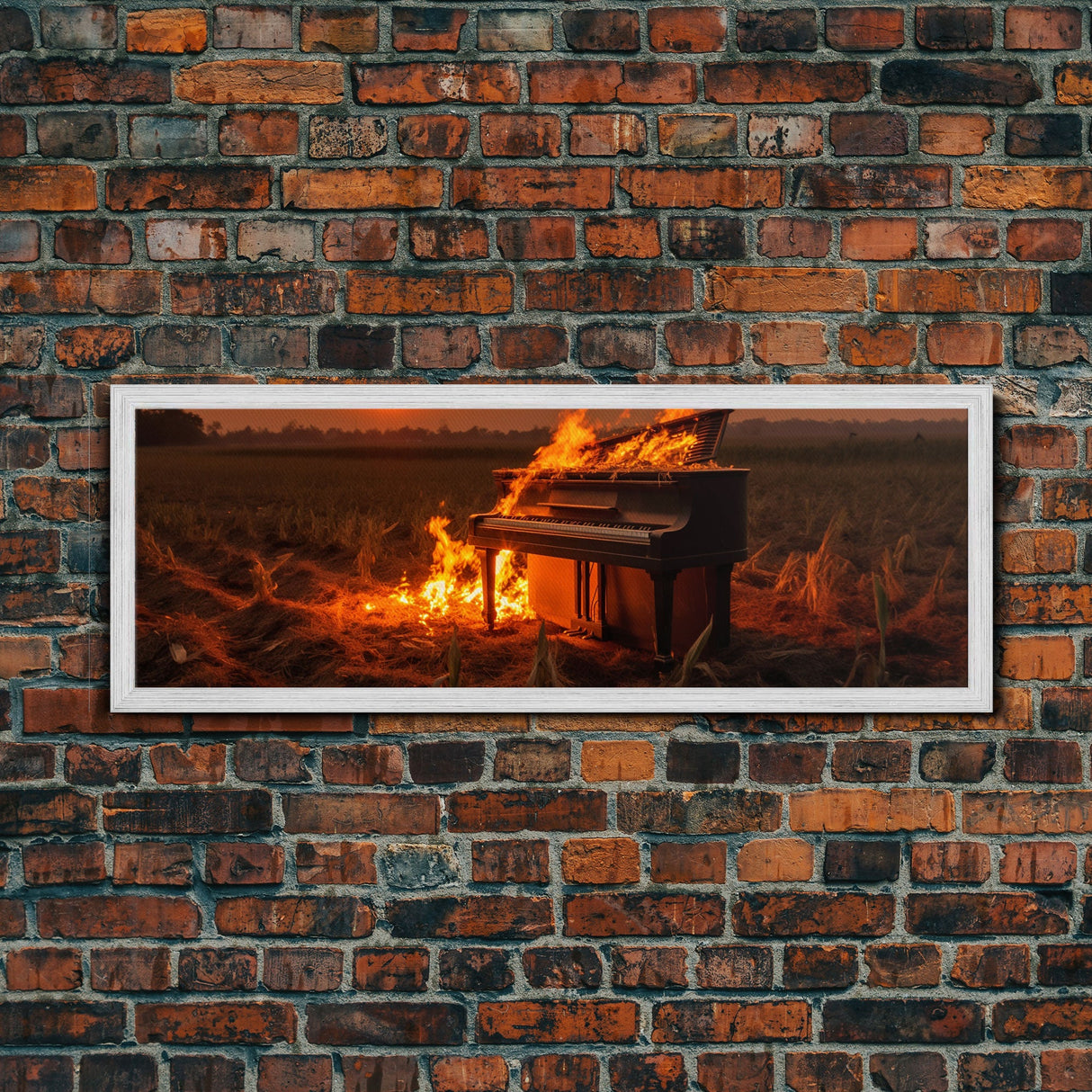 Urban Decay, Street Punk Art, Framed Canvas Print, Burning Grand Piano In A Field at Sunset, Dystopian Decor