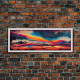 Beautiful Panoramic Watercolor Sunset, Extra Large Wall Art, Framed Panoramic Canvas Print, Framed Wall Art