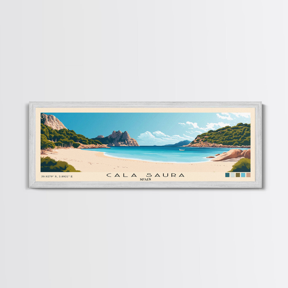 Cala Saura, Spain Panoramic Print, Vacation Gift, Spain Wall Art, Beach Painting, Beach Decor, Large Wall Art, Wood Frame Art