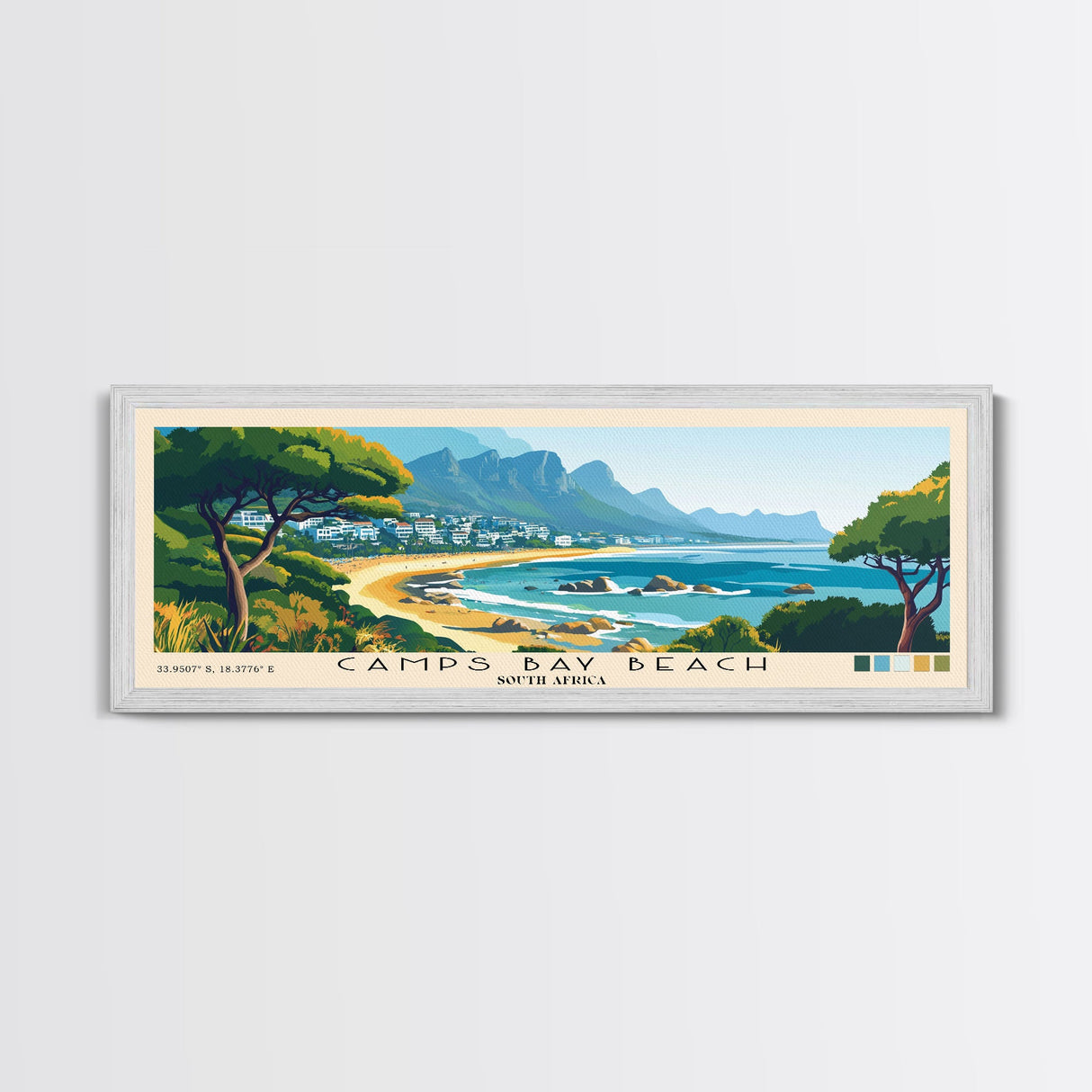 Camps Bay Beach, South Africa Panoramic Beach Print, Vacation Gift, South Africa Wall Art, Framed Canvas Print, Framed Beach Painting