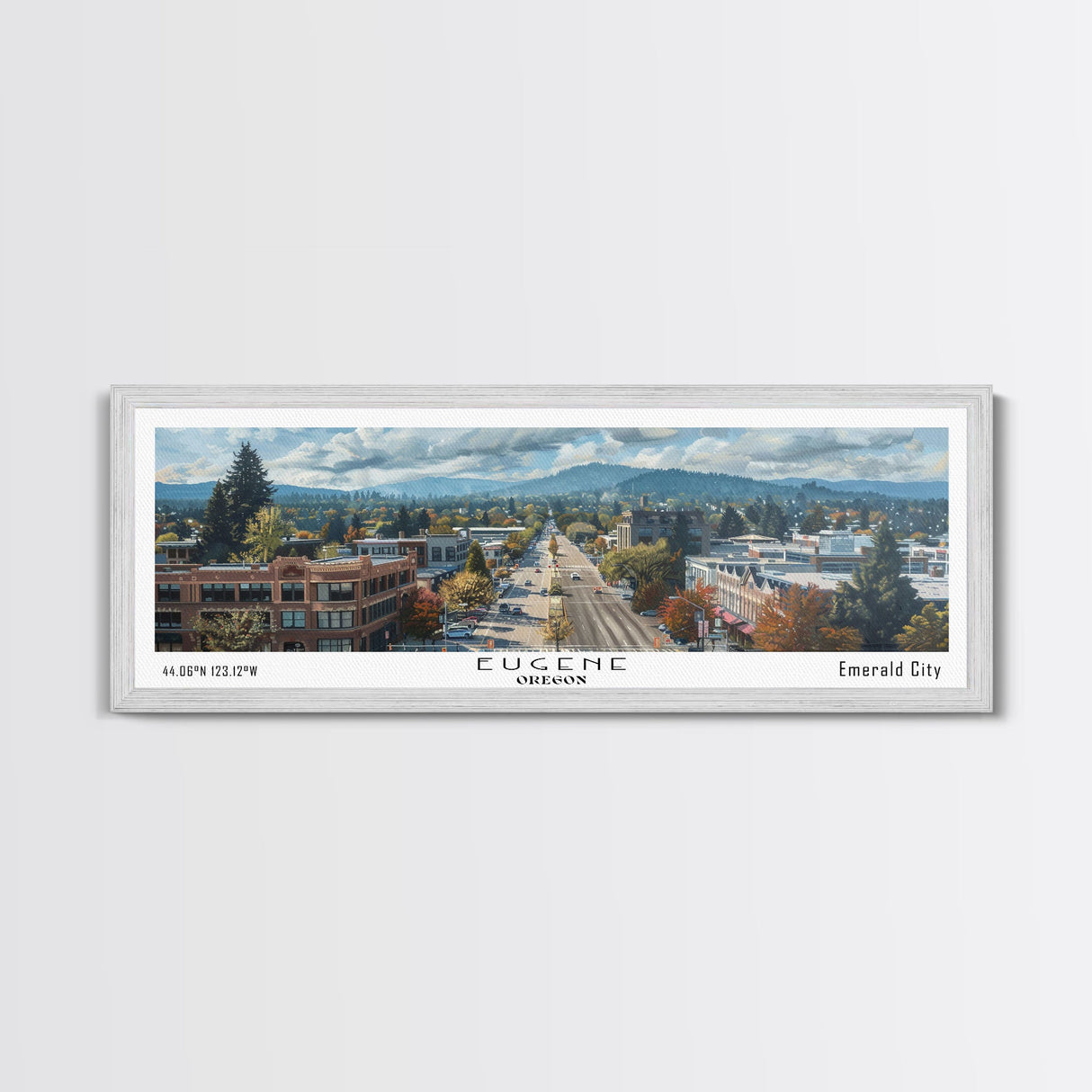 Eugene Oregon Panoramic Watercolor Painting, Scenic Framed Canvas Print, Urban Wall Art for Office, Travel Poster, Home Decor, City Gift Idea