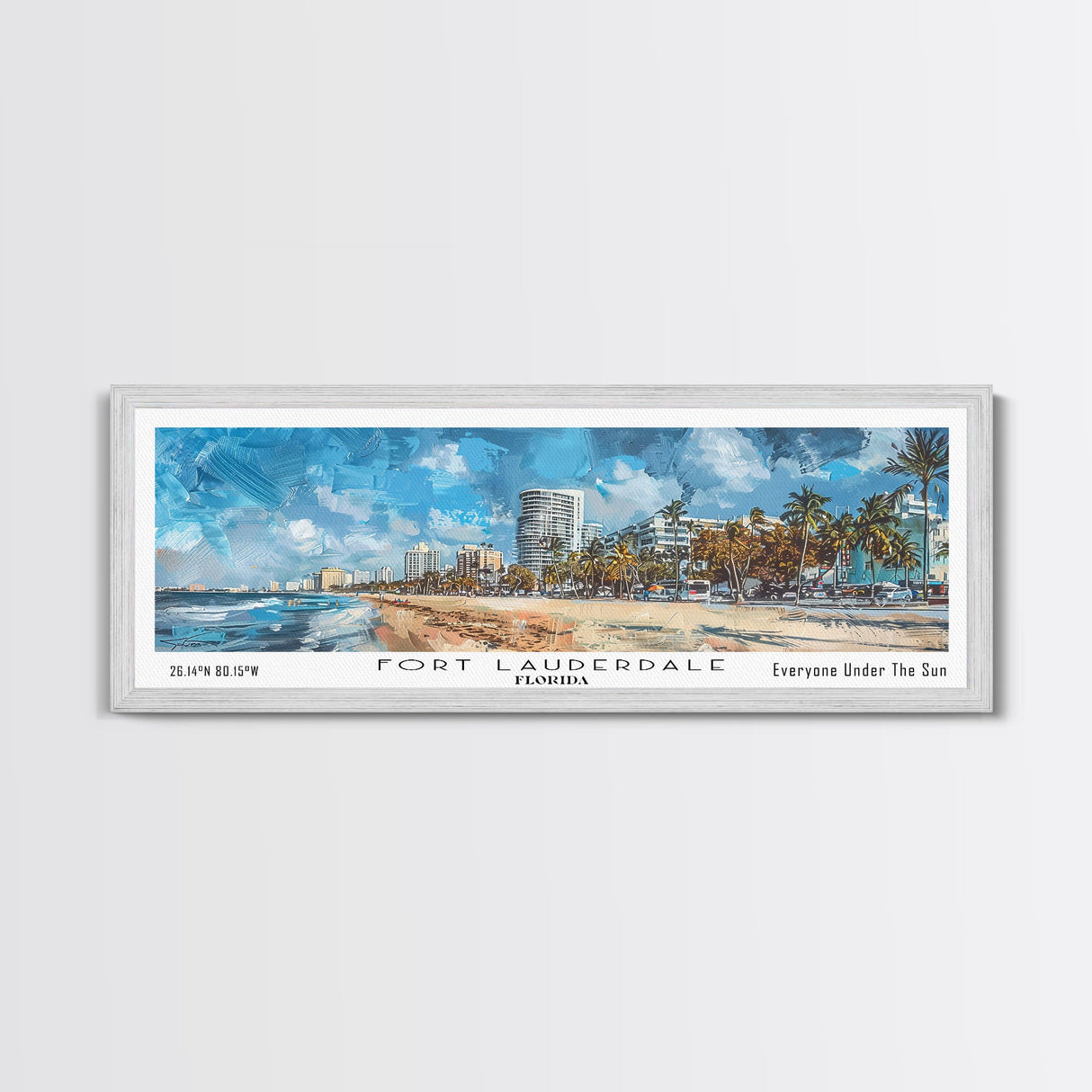 Fort Lauderdale Florida Panoramic Watercolor Painting, Scenic Framed Canvas Print, Urban Wall Art for Living Room, Travel Poster, Home Decor, City Gift Idea