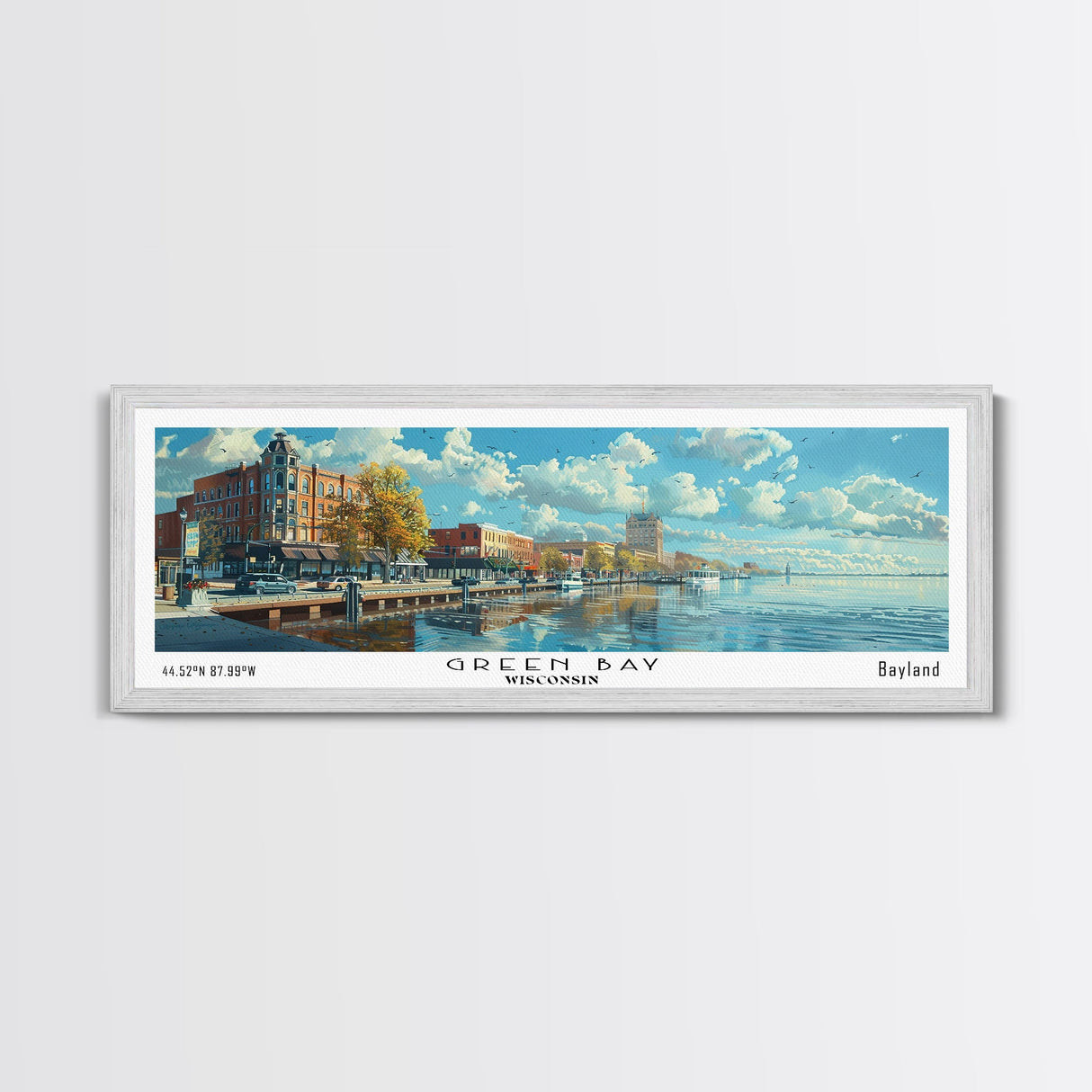 Green Bay Wisconsin Panoramic Watercolor Painting, Urban Framed Canvas Print, Cityscape Wall Art for Office, Travel Decor, Home Gift Idea