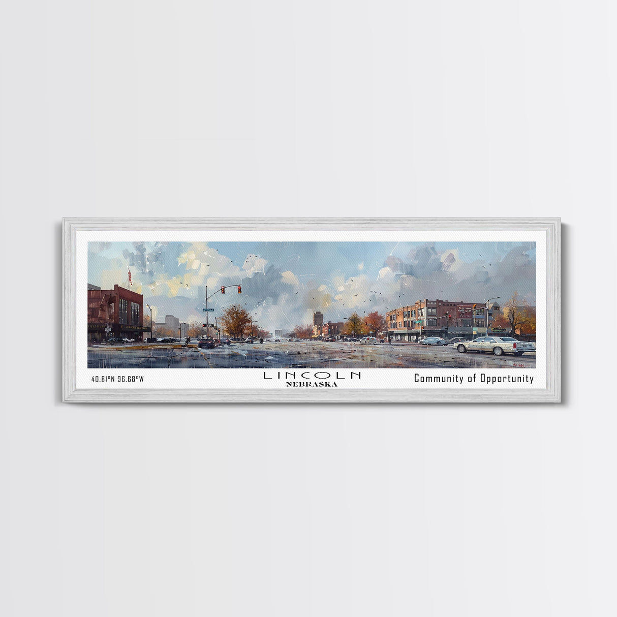 Lincoln Nebraska Panoramic Watercolor Cityscape, Framed Canvas Print for Living Room, Office Wall Art, Urban Decor, Travel Poster
