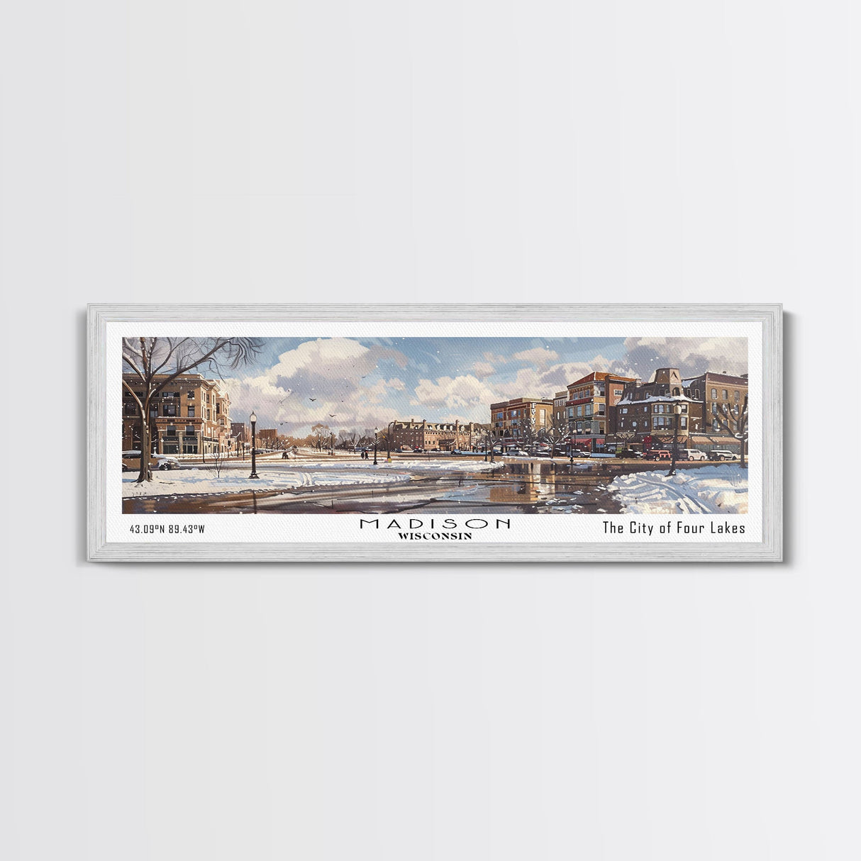 Madison Wisconsin Panoramic Watercolor Cityscape, Framed Canvas Print for Living Room, Office Wall Art, Urban Decor, Travel Poster