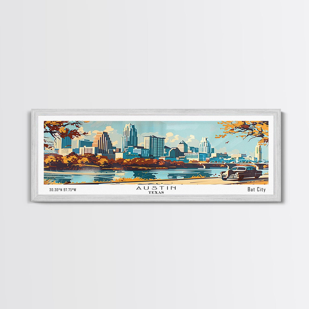 Austin Texas Panoramic Painting, Mid Century Modern Framed Canvas Print, Retro Pop Art Travel Poster, Wall Art, Home Decor, Office Art, Gift Idea