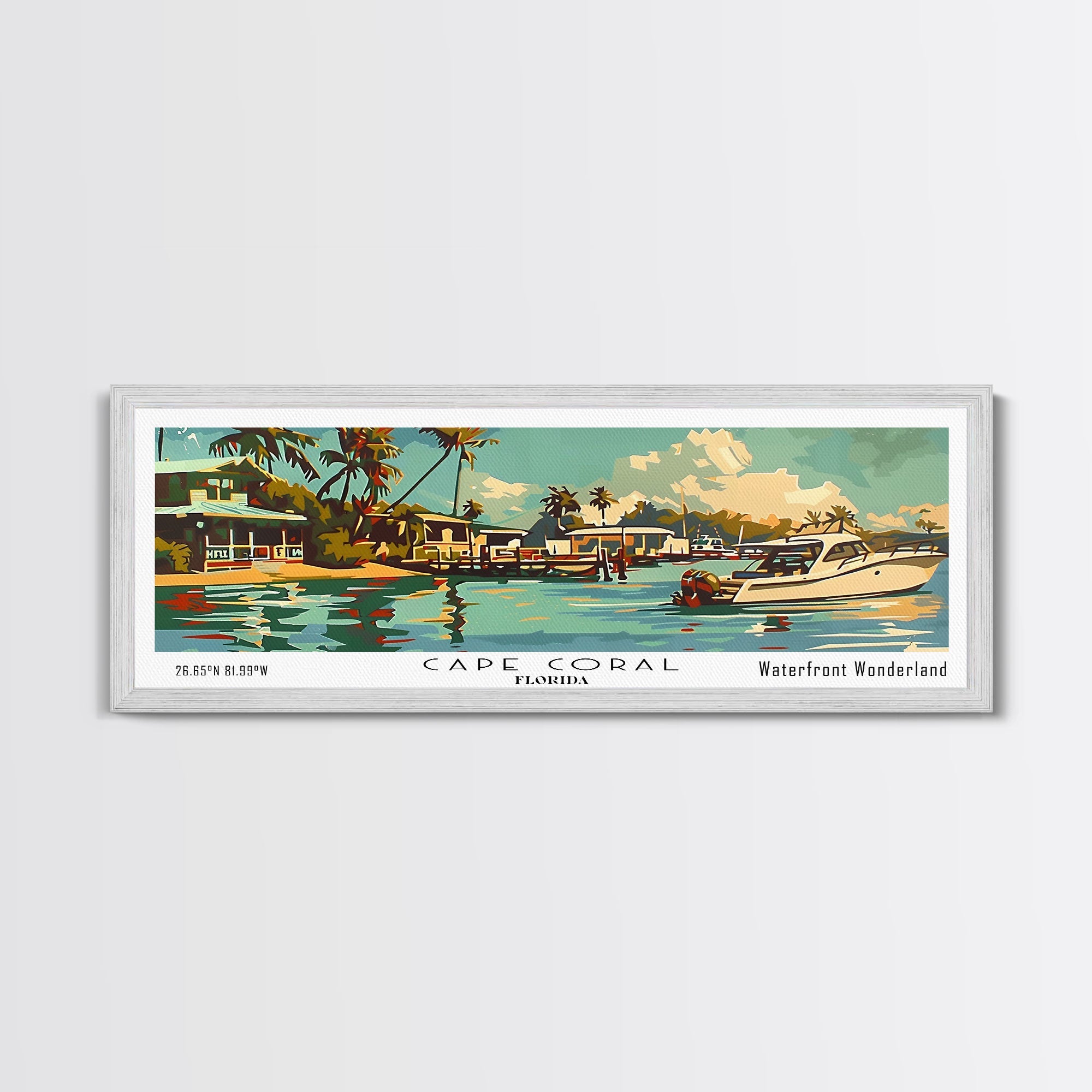 Cape Coral Florida Panoramic Wall Art, Retro Pop Art Framed Canvas