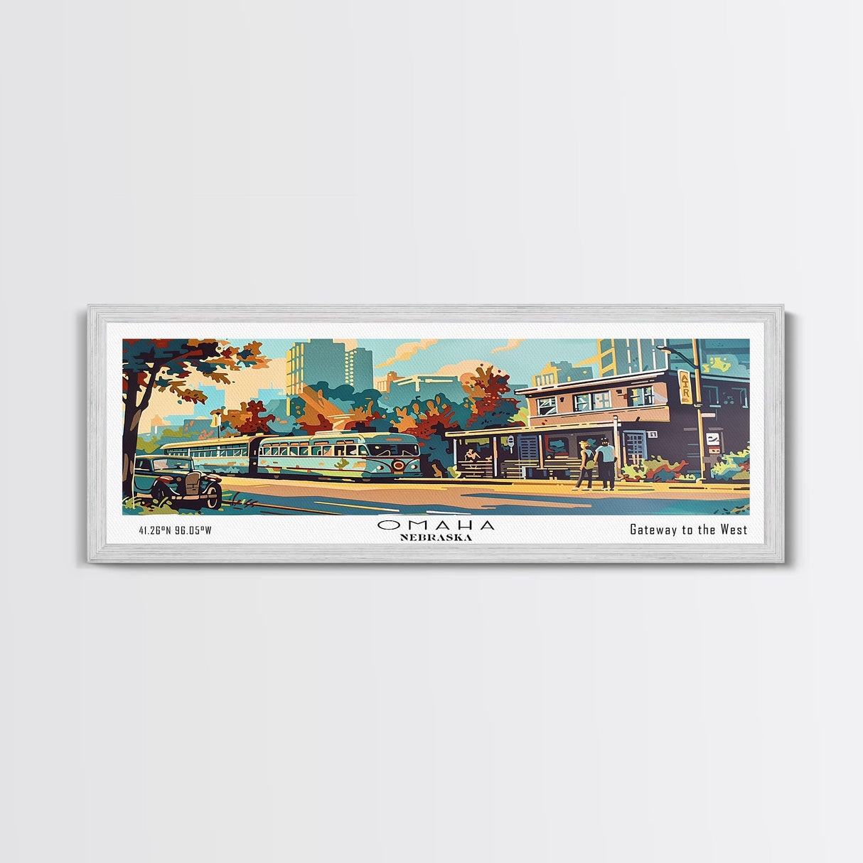 Omaha Nebraska Panoramic Painting, Mid Century Modern Framed Canvas Print, Retro Pop Art Travel Poster, Living Room Art, Home Decor, Office Wall Art, Vintage Style