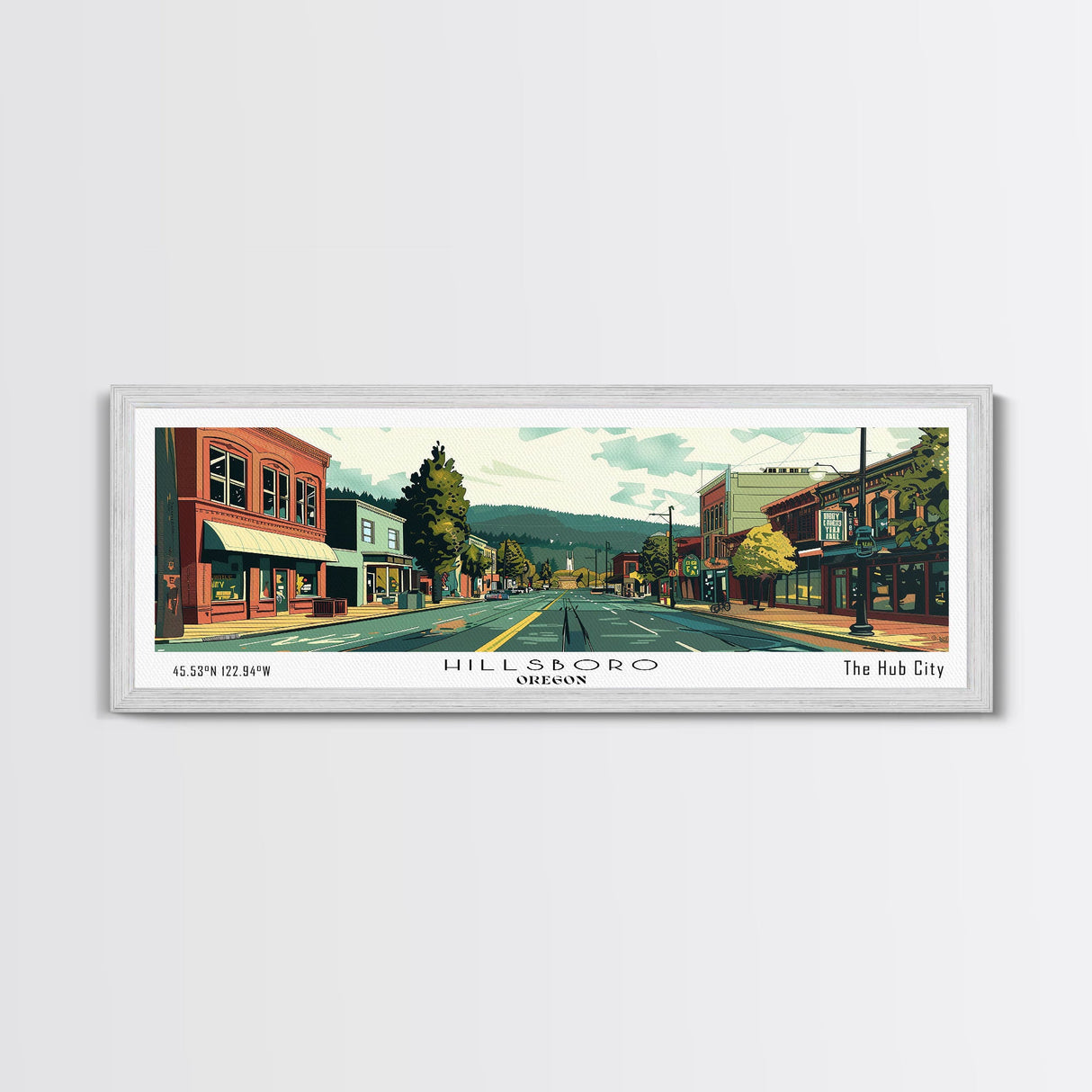 Hillsboro Oregon Panoramic Painting, Mid Century Modern Framed Canvas Print, Retro Pop Art Travel Poster, Office Wall Decor