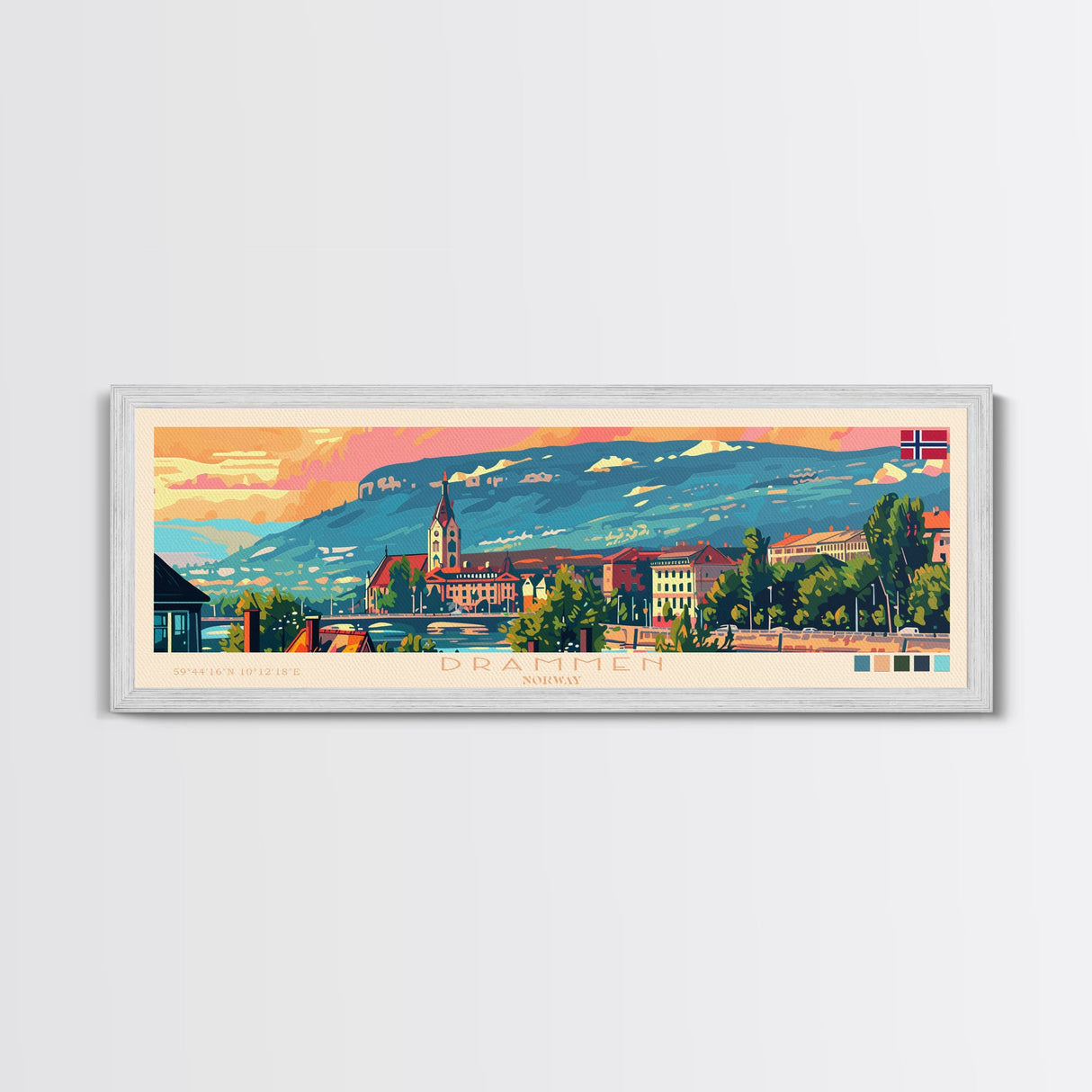 Drammen Norway Travel Print Wall Art, Panoramic City Art, Travel Art, Wall Decor, Vacation Gift, Framed Canvas Print Or Metal Art