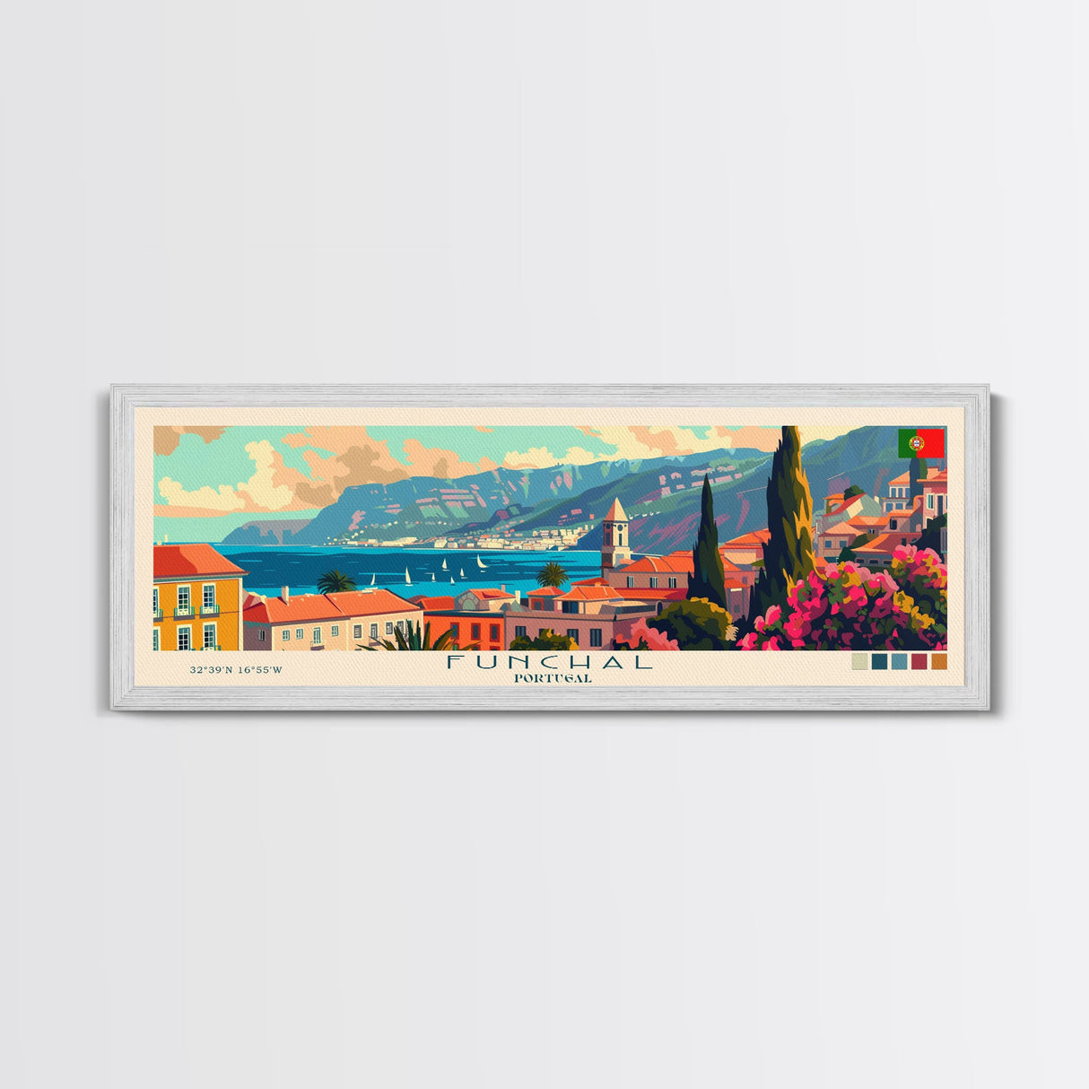 Funchal Portugal Travel Print Wall Art, Panoramic City Art, Travel Art, Wall Decor, Vacation Gift, Framed Canvas Print Or Metal Art