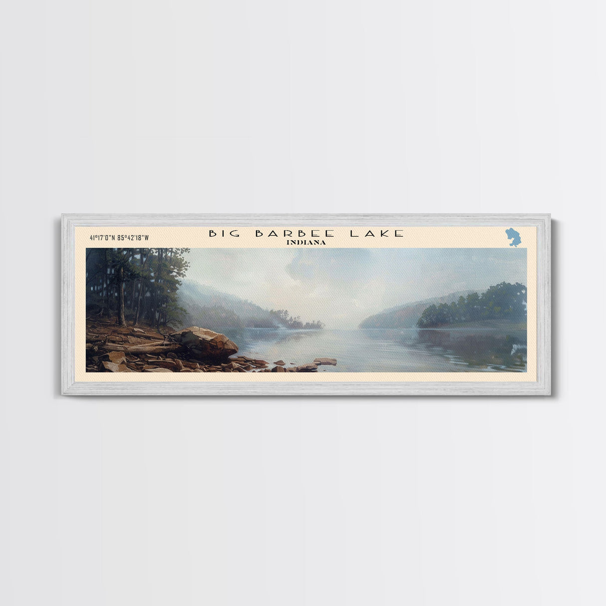 Big Barbee Lake Indiana Framed Canvas Print, Panoramic Lake House Art, Scenic Painting, Travel Poster, Rustic Decor, Nature Scene