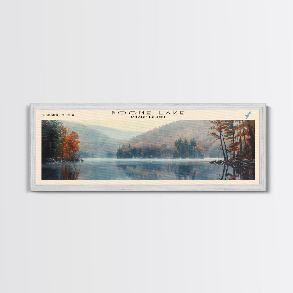 Boone Lake Rhode Island Framed Canvas Print, Panoramic Lake House Decor, Scenic View, Travel Poster, Rustic Art, Lake Painting