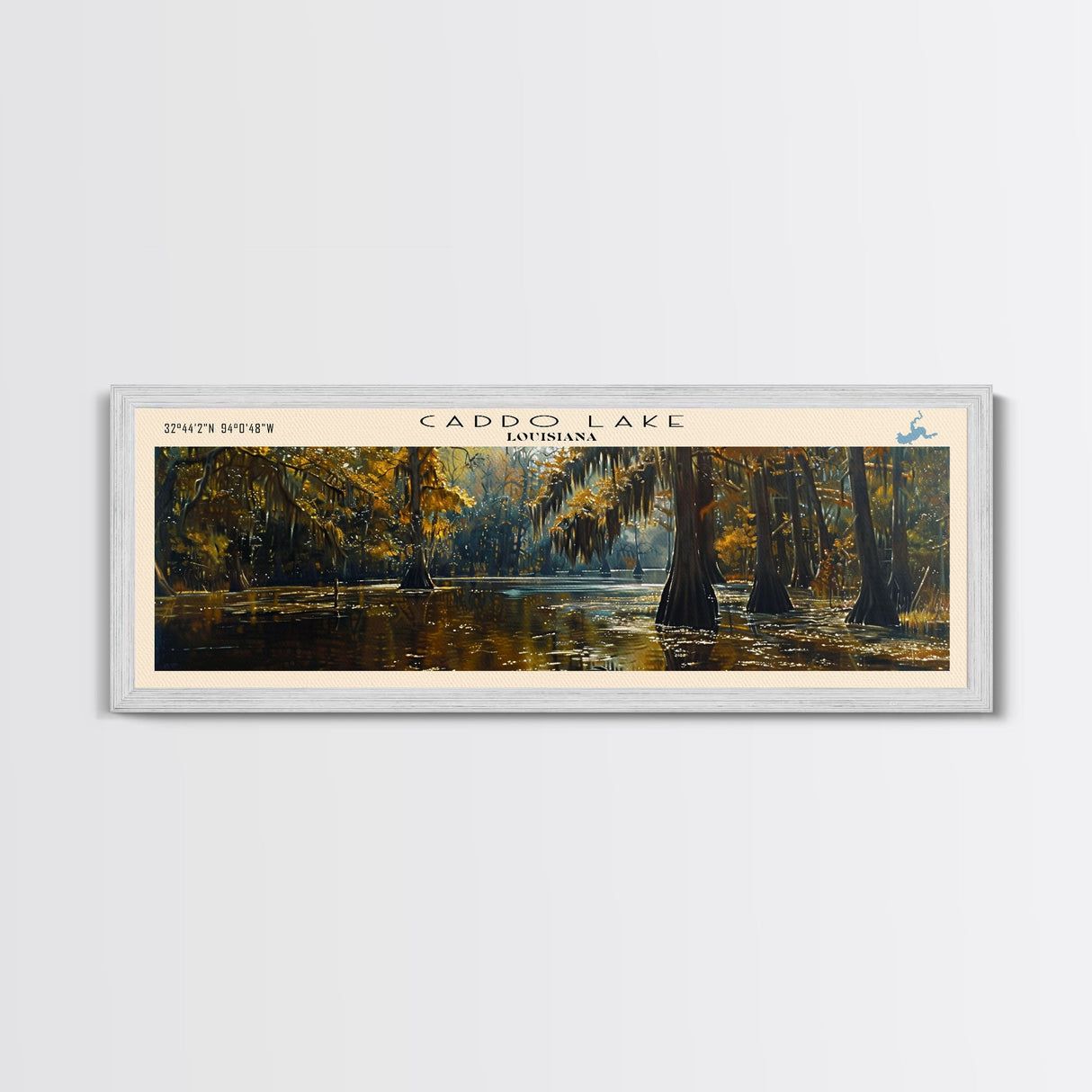 Caddo Lake Louisiana Framed Canvas Print, Lake House Decor, Panoramic Wall Art, Travel Poster, Rustic Lake Painting, Nature Art