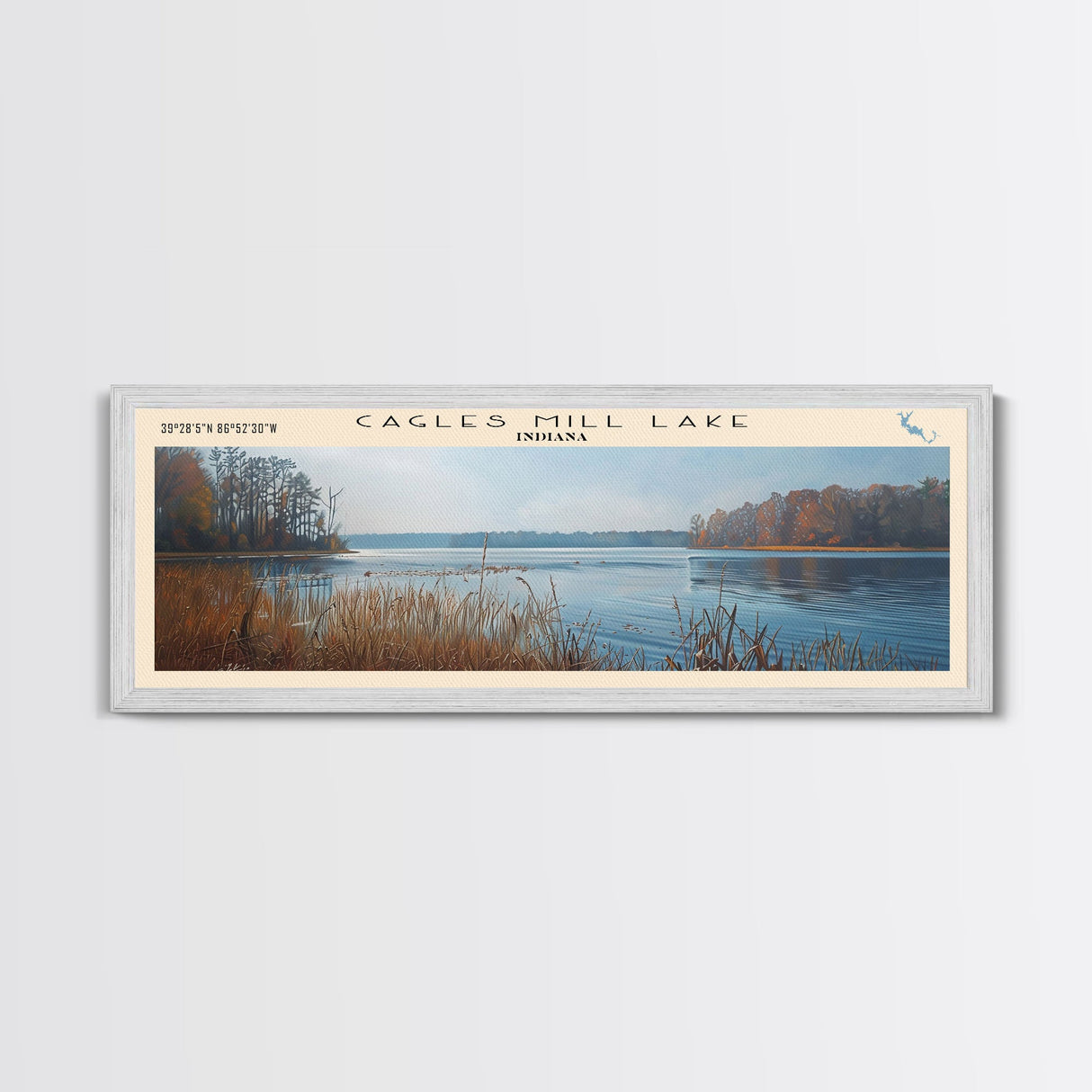 Cagles Mill Lake Indiana Framed Canvas Print, Lake House Art, Panoramic Travel Poster, Wall Art, Modern Lake Painting, Home Decor