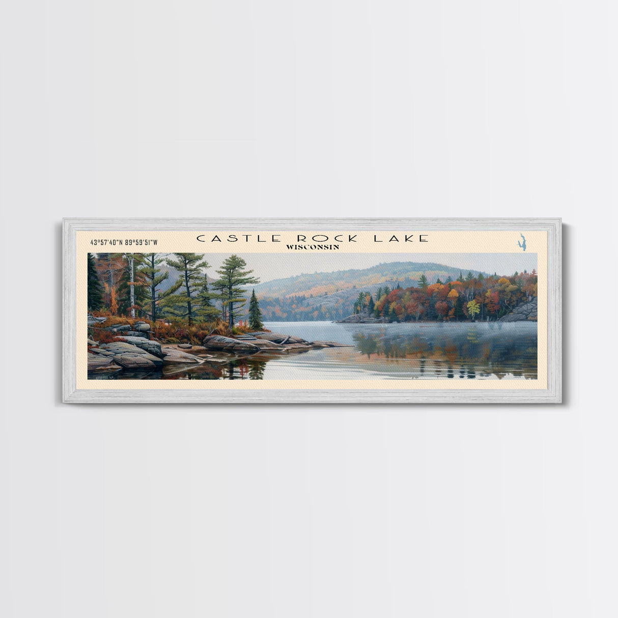 Castle Rock Lake Wisconsin Framed Canvas Print, Lake House Art, Panoramic Wall Art, Travel Poster, Modern Lake Painting, Home Decor