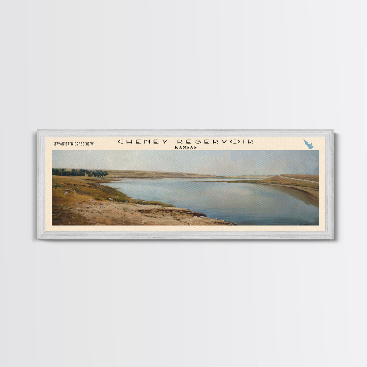 Cheney Reservoir Kansas Framed Canvas Print, Panoramic Lake House Decor, Wide Wall Art, Travel Poster, Rustic Lake Painting, Home Decor