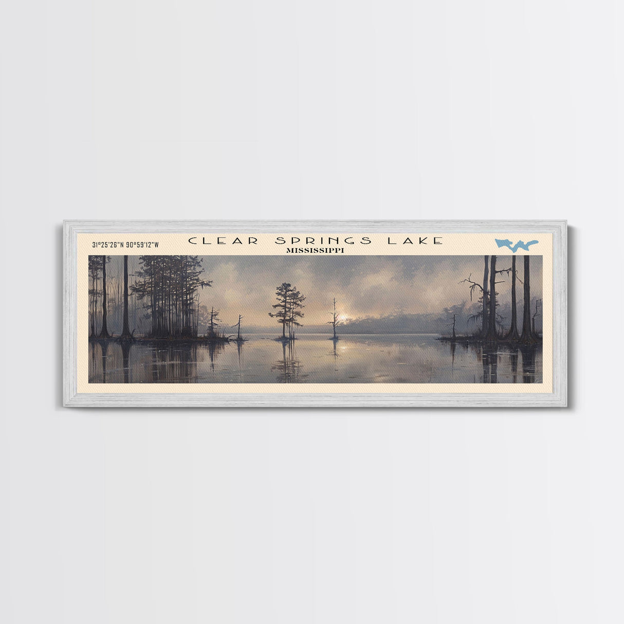 Clear Springs Lake Mississippi Framed Canvas Print, Panoramic Lake House Decor, Wide Wall Art, Travel Poster, Modern Lake Painting, Nature Art