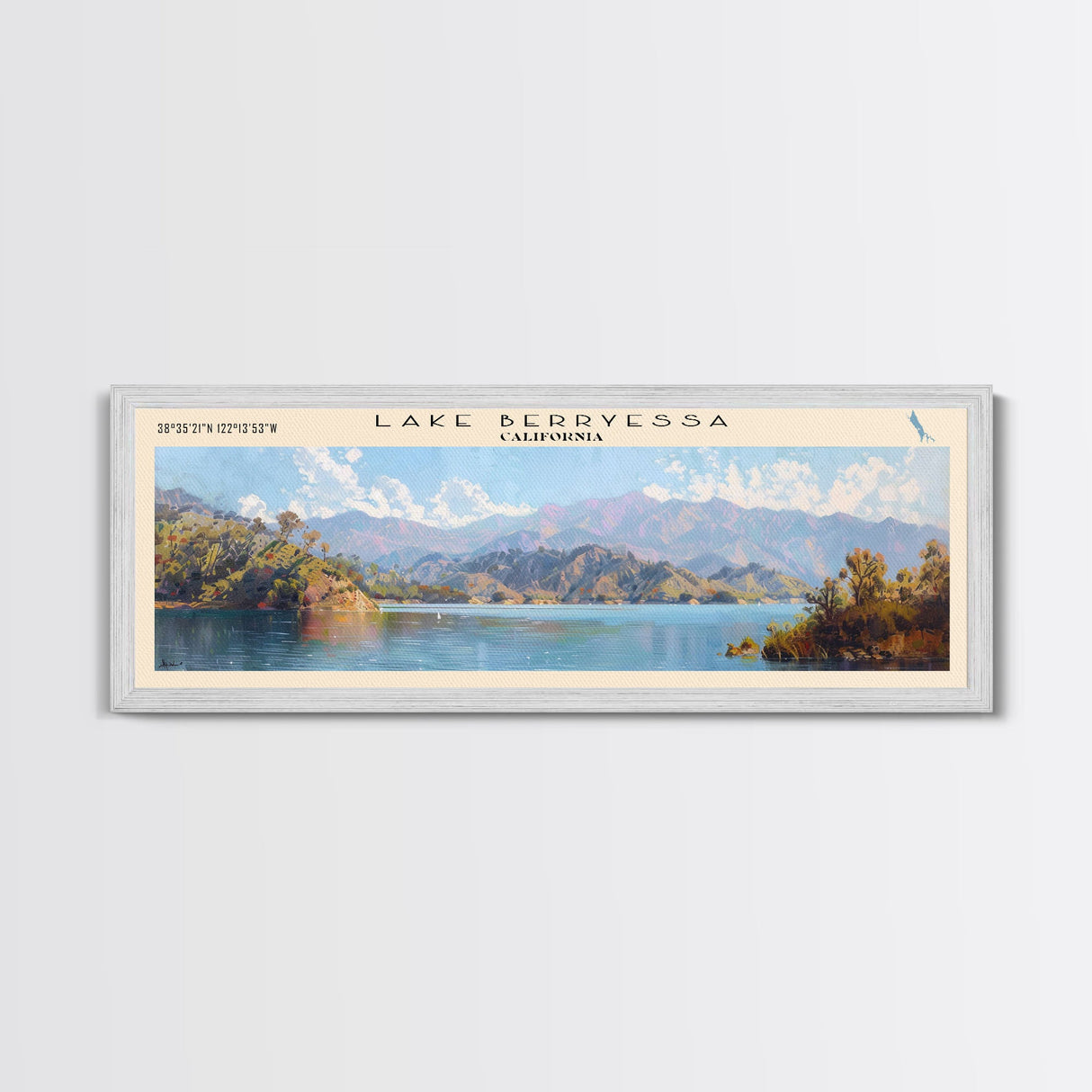 Lake Berryessa California Framed Canvas Print, Panoramic Lake House Decor, Wall Art, Travel Poster, Serene Lake Painting, Home Decor