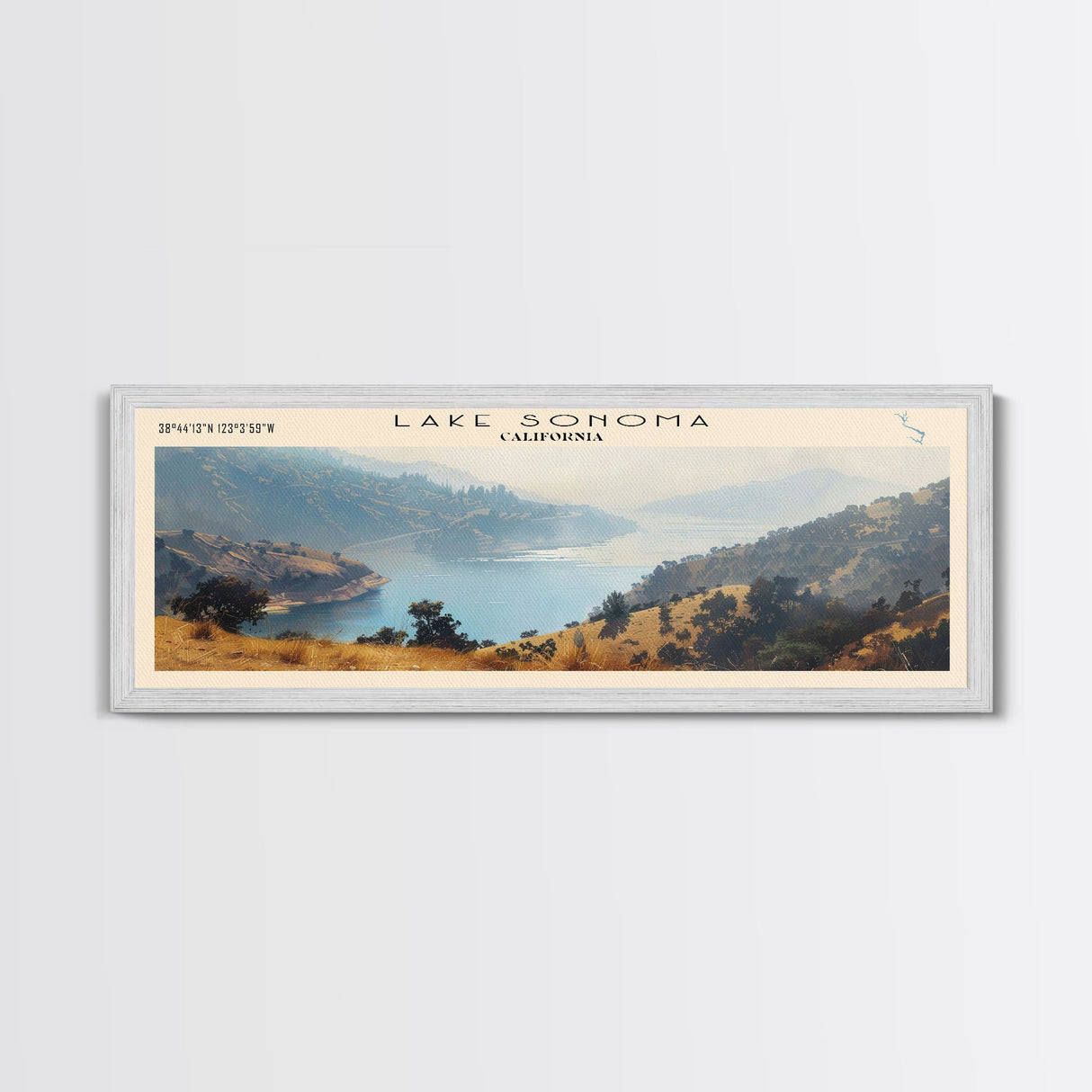 Lake Sonoma California Framed Canvas Print, Lake House Decor, Panoramic Wall Art, Travel Poster, Stunning Landscape Painting, Contemporary Art