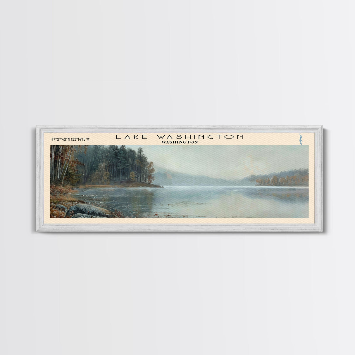 Lake Washington Washington Framed Canvas Print, Lake House Decor, Panoramic Wall Art, Travel Poster, Landscape Painting, Living Room Decor