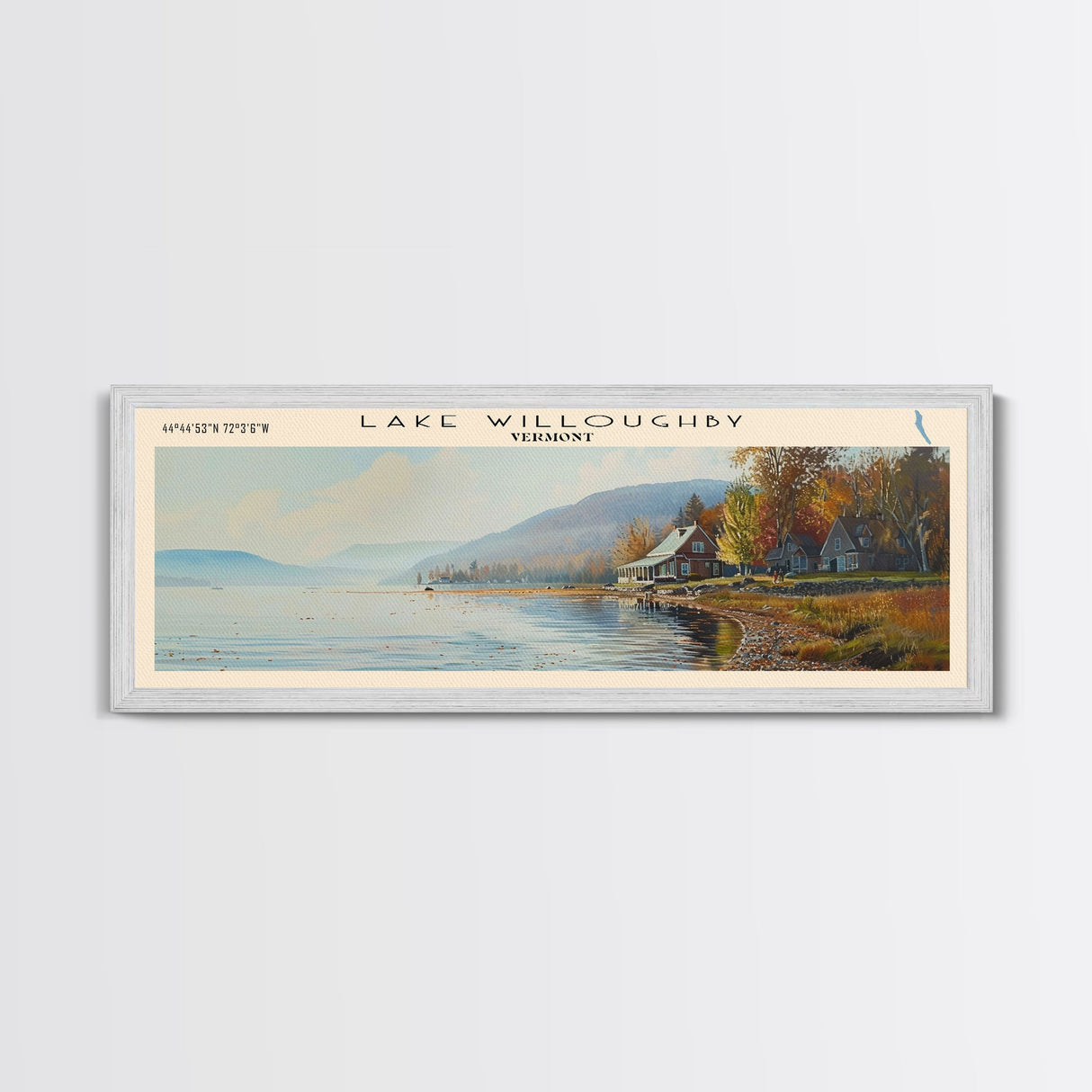 Lake Willoughby Vermont Framed Canvas Print, Lake House Decor, Panoramic Wall Art, Travel Poster, Scenic Landscape Painting, Living Room Decor