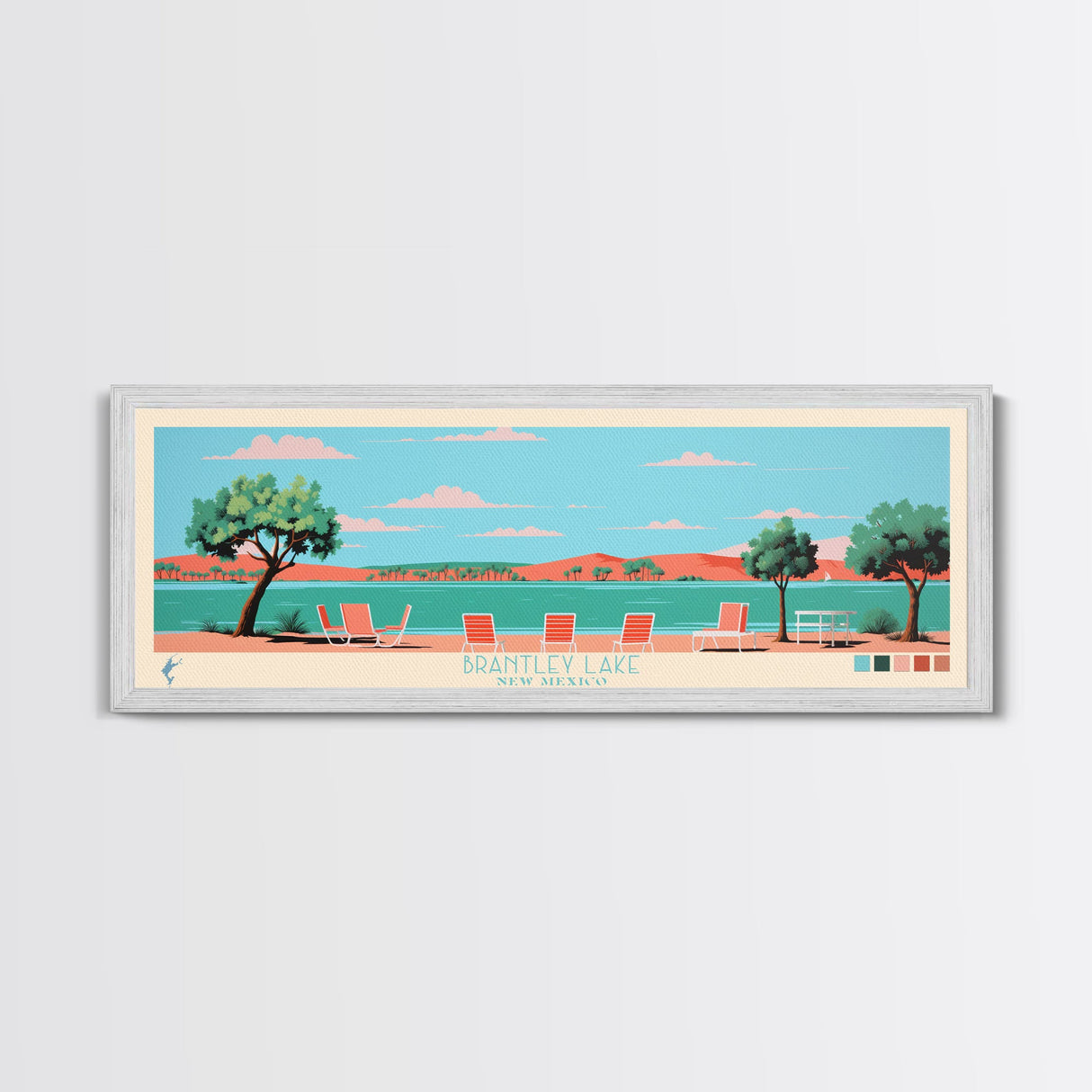Brantley Lake New Mexico Framed Canvas Print, Midcentury Modern Panoramic Wall Art, Living Room Decor, Pop Art, Travel Poster Art, Scenic Nature Painting