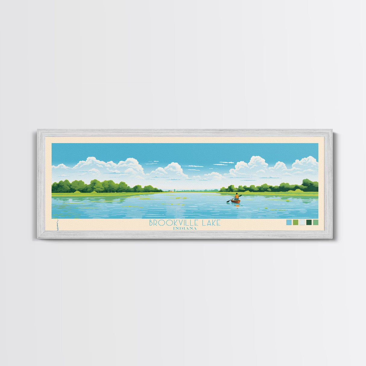 Brookville Lake Indiana Framed Canvas Print, Midcentury Modern Panoramic Wall Art, Living Room Decor, Pop Art, Travel Poster Art, Nature Painting