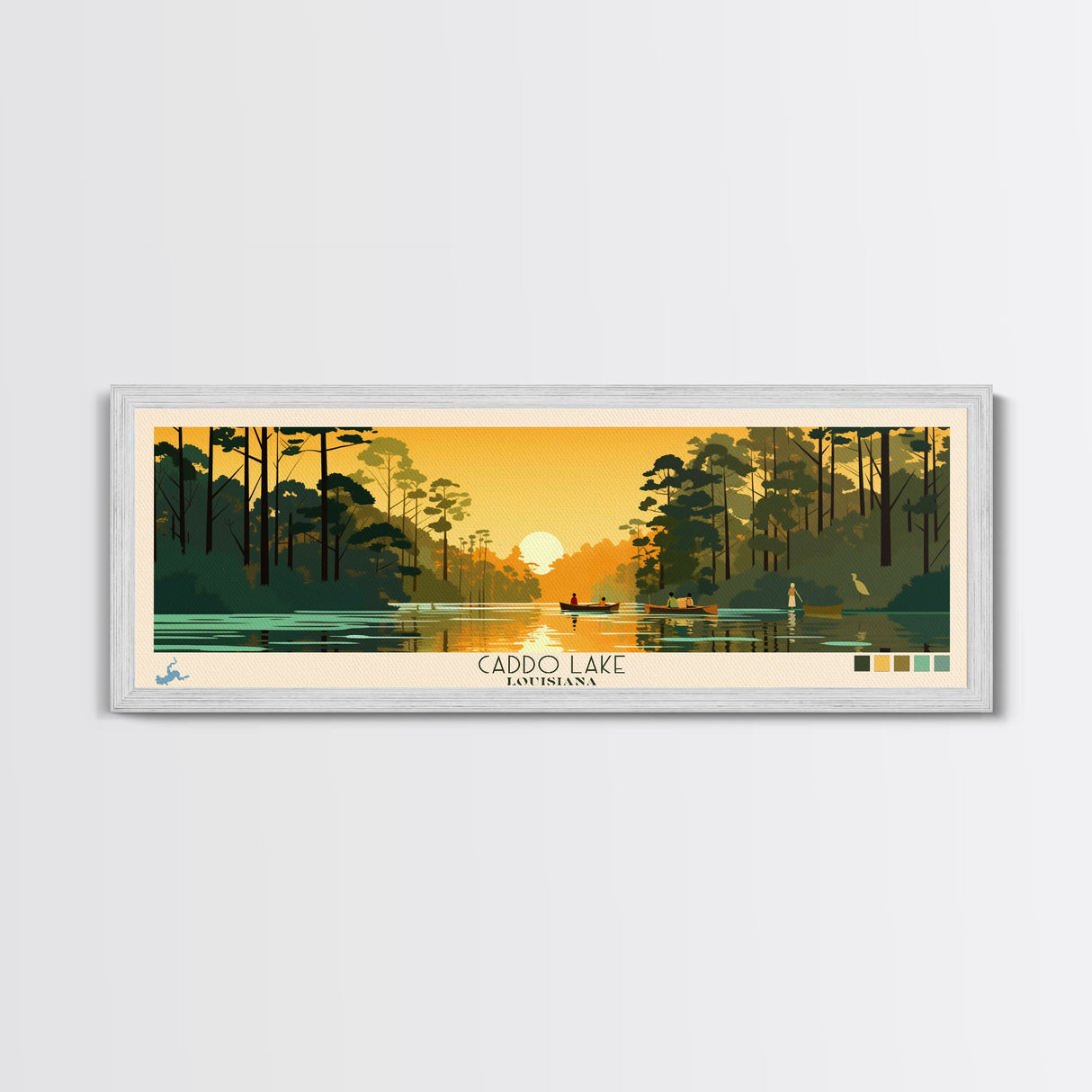 Caddo Lake Louisiana Framed Canvas Print, Pop Art Panoramic Travel Poster, Midcentury Modern, Wall Art, Scenic Nature Painting, Bedroom Decor