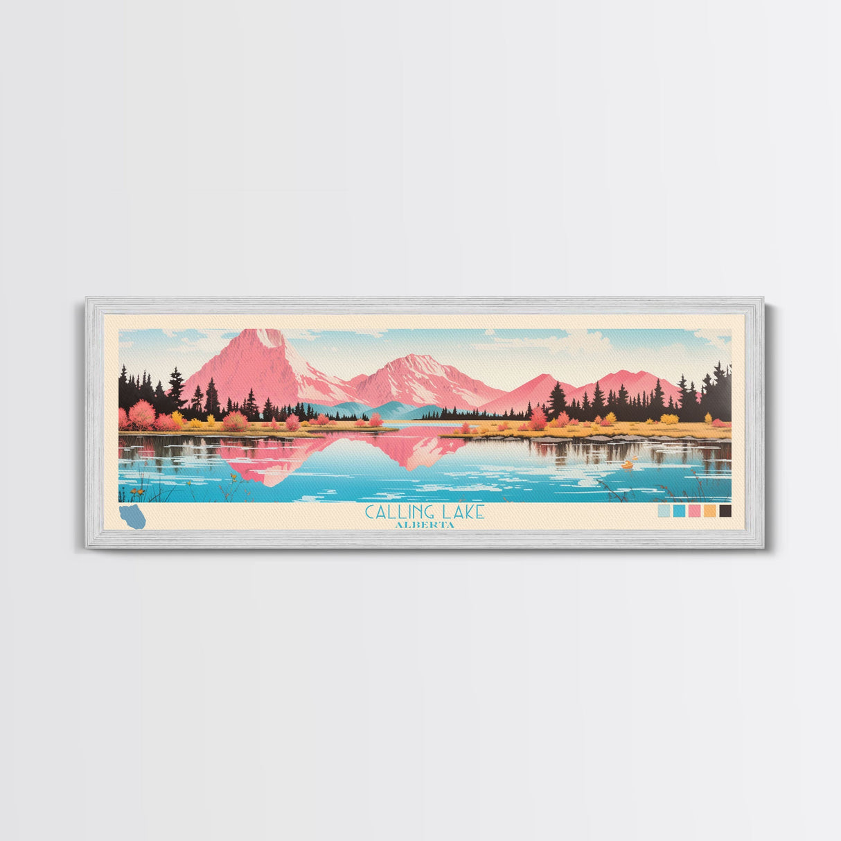 Calling Lake Alberta Framed Canvas Print, Midcentury Modern Panoramic Wall Art, Living Room Decor, Pop Art, Travel Poster Art, Scenic Nature Painting