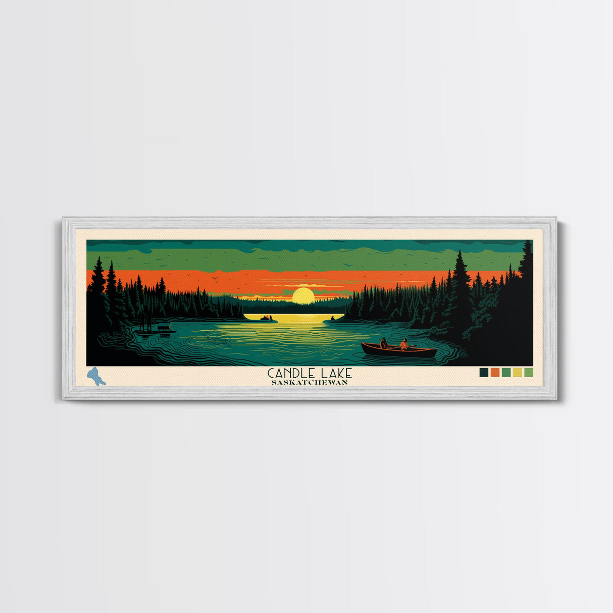 Candle Lake Saskatchewan Framed Canvas Print, Midcentury Modern Panoramic Wall Art, Living Room Decor, Pop Art, Travel Poster Art, Scenic Nature Painting