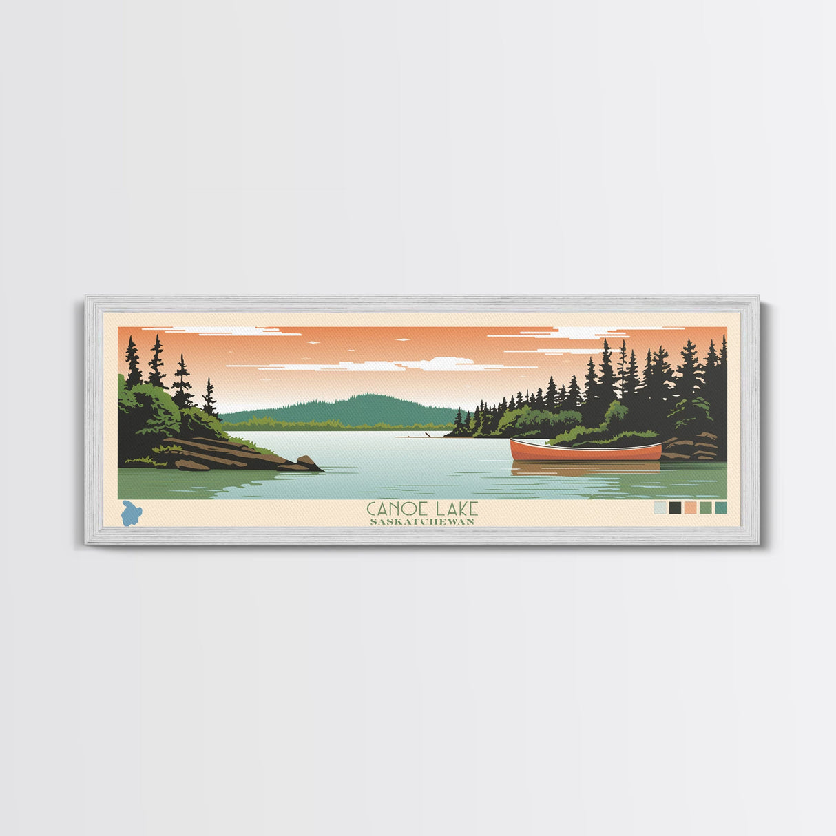 Canoe Lake Saskatchewan Framed Canvas Print, Midcentury Modern Panoramic Wall Art, Living Room Decor, Pop Art, Travel Poster Art, Scenic Nature Painting