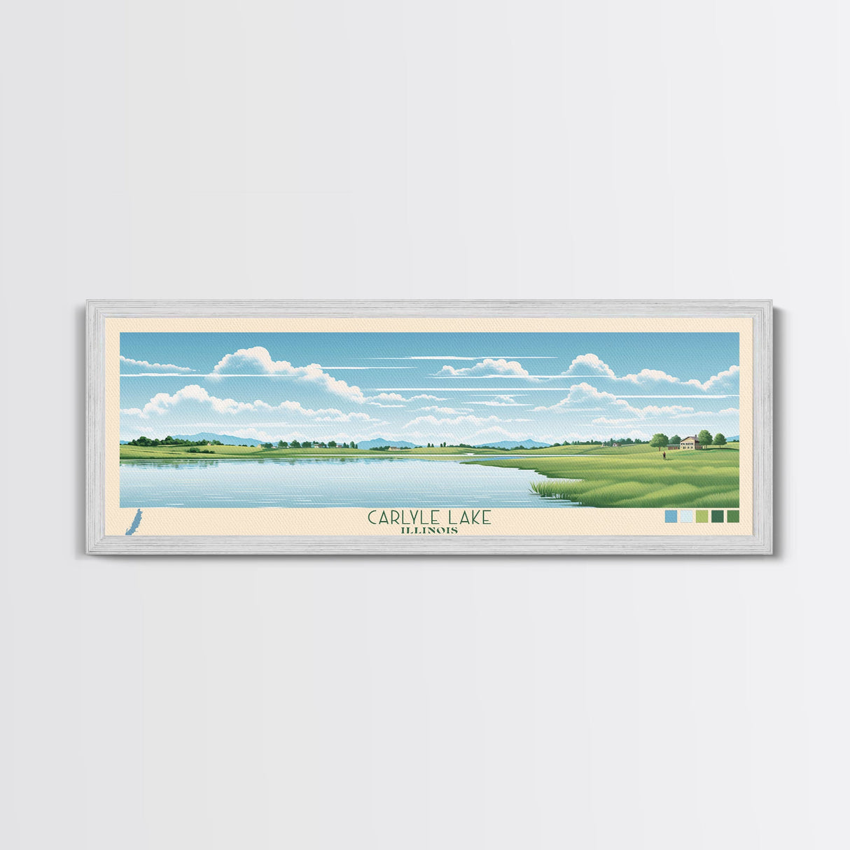 Carter Lake Nebraska Framed Canvas Print, Midcentury Modern Panoramic Wall Art, Living Room Decor, Pop Art, Travel Poster Art, Scenic Nature Painting, Lake House Decor