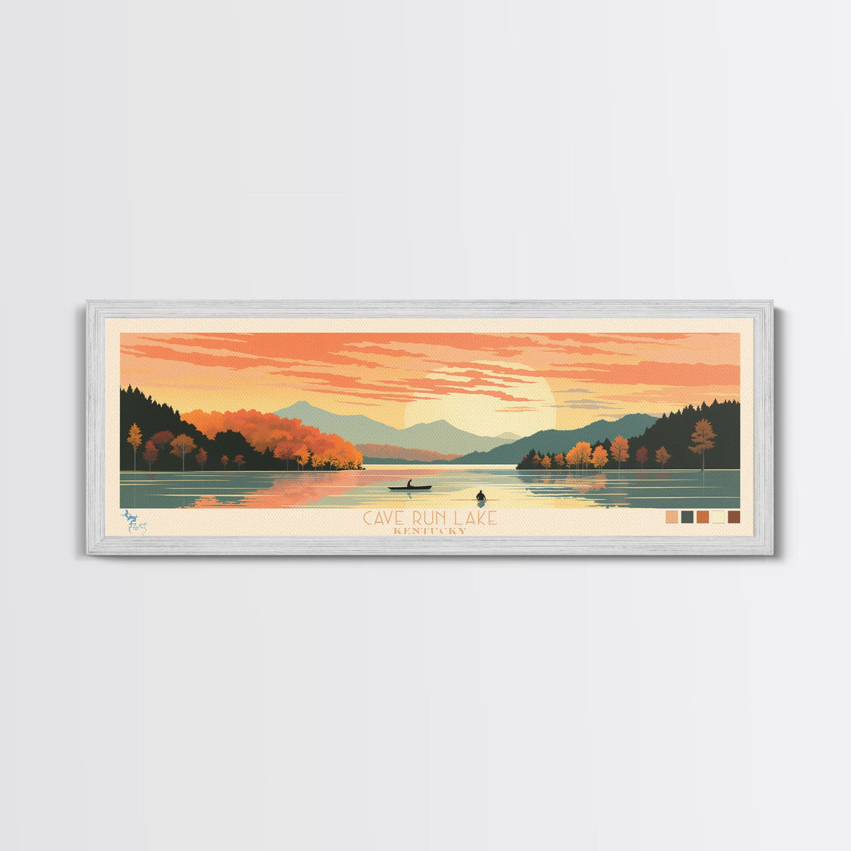 Cave Run Lake Kentucky Framed Canvas Print, Midcentury Modern Panoramic Wall Art, Living Room Decor, Pop Art, Travel Poster Art, Nature Art, Lake House Decor