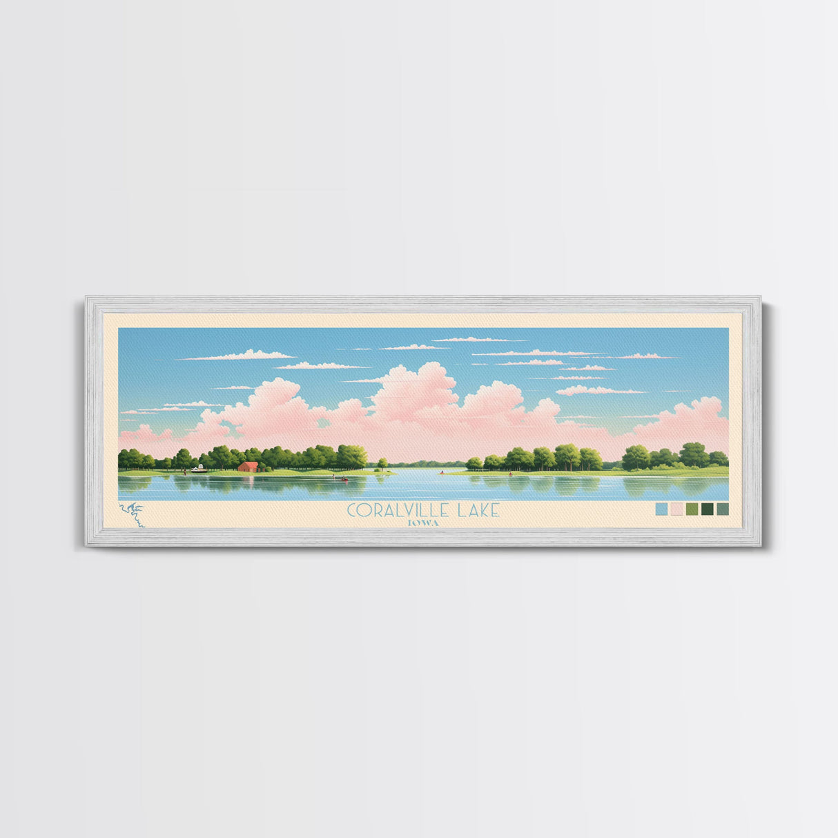 Coralville Lake Iowa Framed Canvas Print, Midcentury Modern Panoramic Wall Art, Living Room Decor, Pop Art, Travel Poster Art, Scenic Nature Painting, Lake House Decor