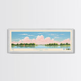 Coralville Lake Iowa Framed Canvas Print, Midcentury Modern Panoramic Wall Art, Living Room Decor, Pop Art, Travel Poster Art, Scenic Nature Painting, Lake House Decor