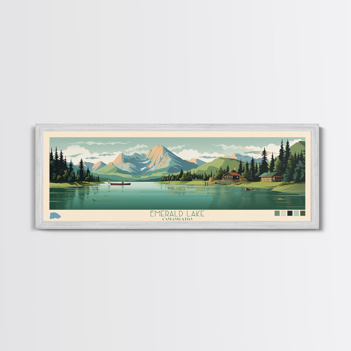 Emerald Lake Colorado Framed Canvas Print, Panoramic Art, Midcentury Modern, Pop Art, Living Room Wall Art, Travel Poster, Lake Art