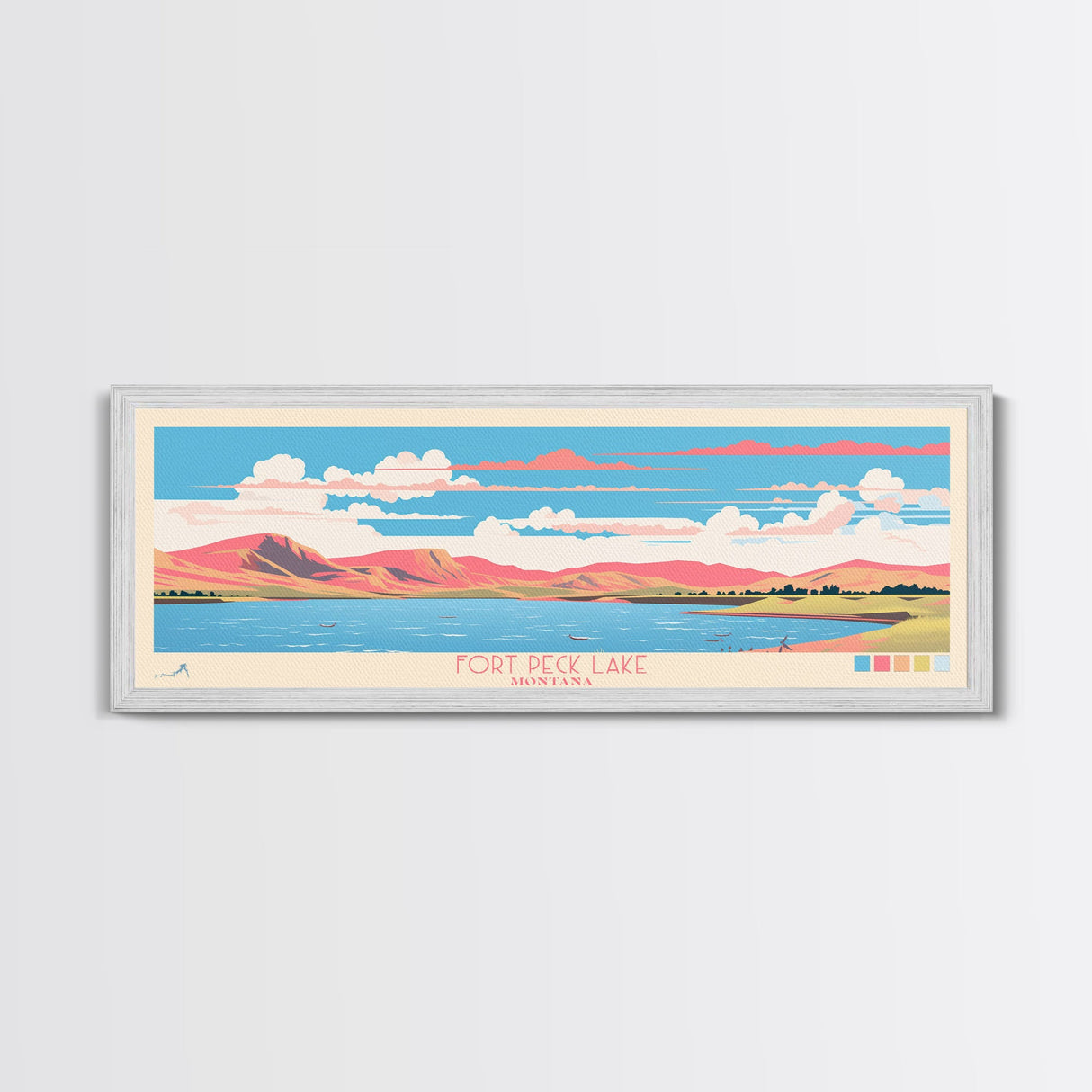 Fort Peck Lake Montana Framed Canvas Print, Panoramic Wall Art, Midcentury Modern, Pop Art, Bedroom Decor, Travel Poster, Nature Art, Artistic Decor
