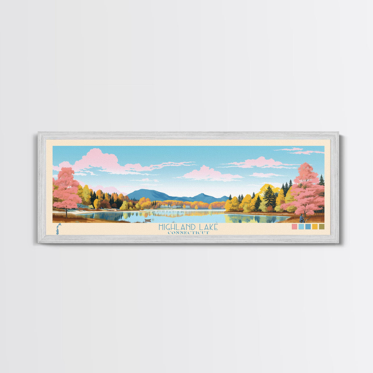 Highland Lake Connecticut Framed Canvas Print, Panoramic Art, Midcentury Modern, Pop Art, Lake House Decor, Travel Poster, Living Room Art