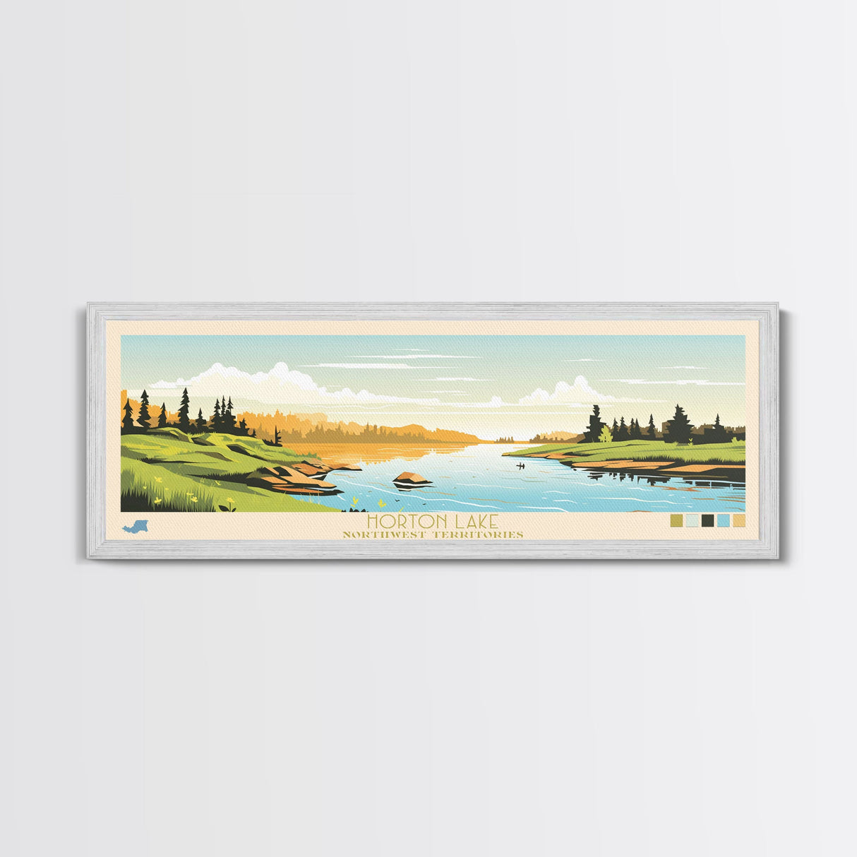 Horton Lake Northwest Territories Framed Canvas Print, Panoramic Art, Midcentury Modern, Pop Art, Living Room Decor, Travel Poster, Lake House Decor