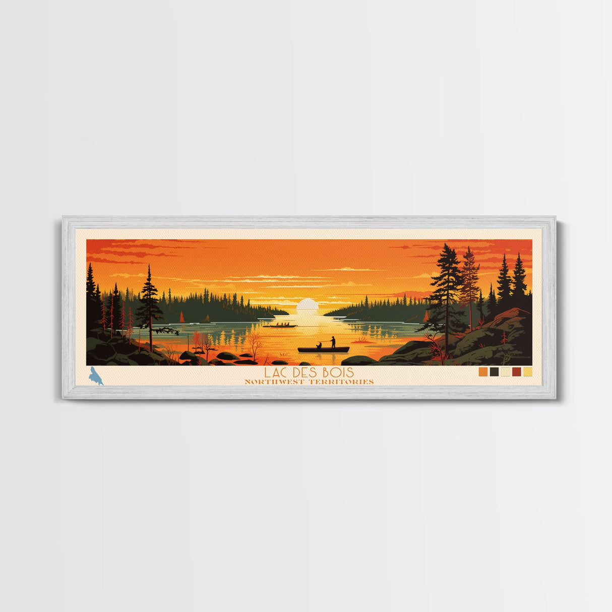 Lac Des Bois Northwest Territories Framed Canvas Print, Panoramic Art, Midcentury Modern, Pop Art, Living Room Wall Art, Travel Poster, Lake House Decor