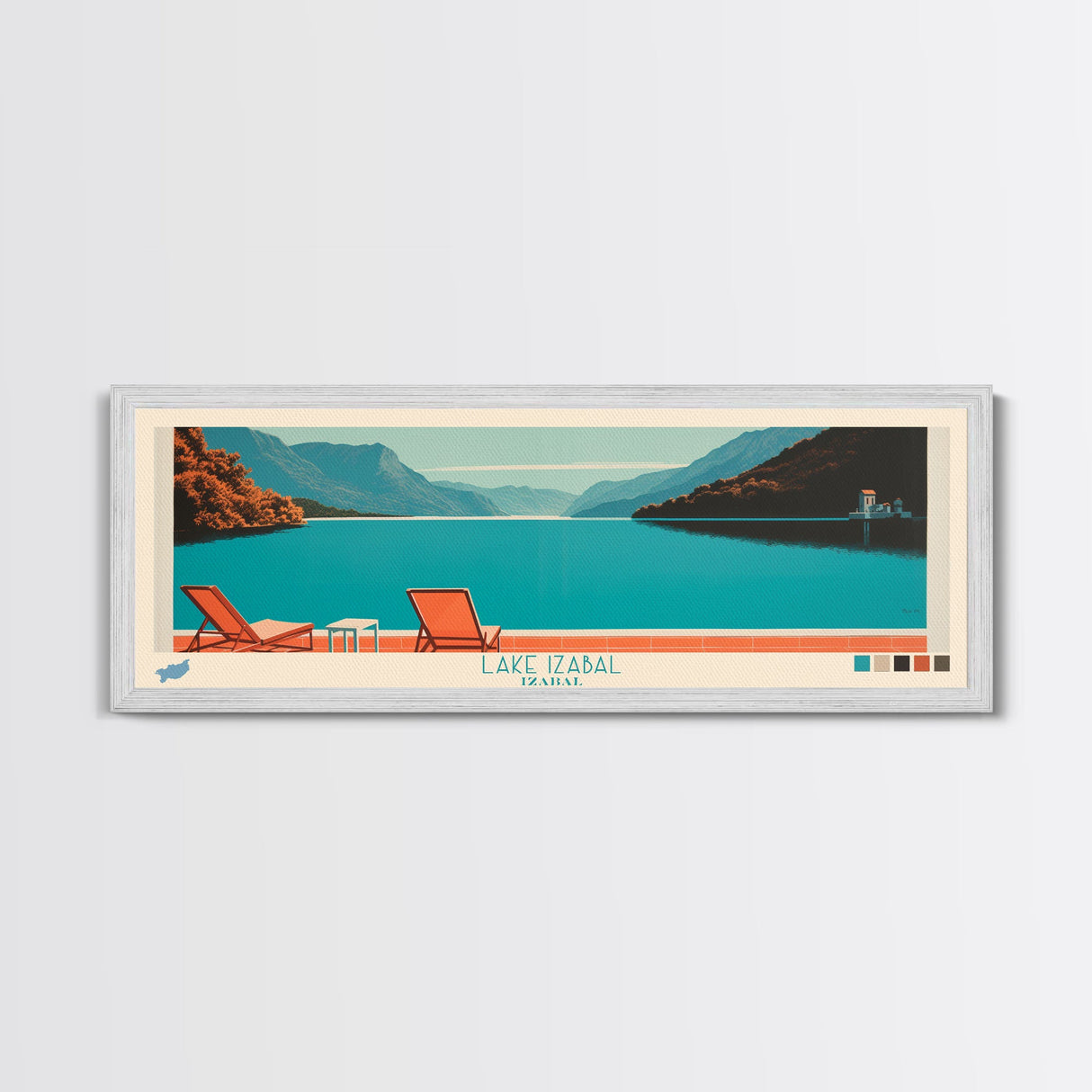 Lake Izabal Izabal Framed Canvas Print, Panoramic Wall Art, Midcentury Modern, Pop Art, Living Room Decor, Travel Poster, Bedroom Art