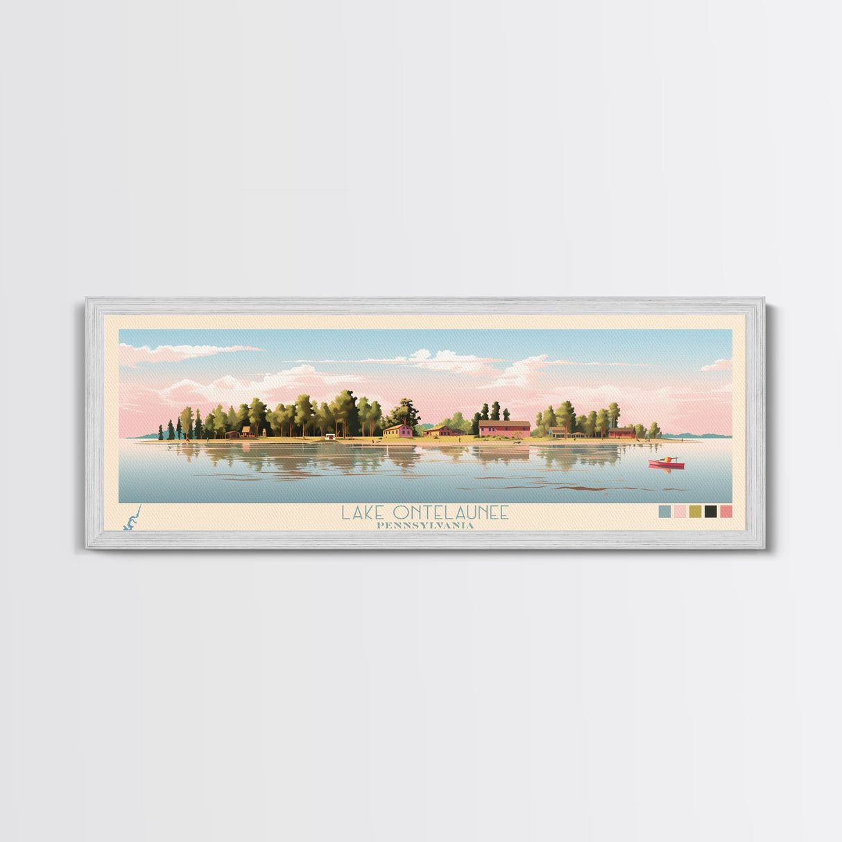 Lake Ontelaunee Pennsylvania Framed Canvas Print, Panoramic Wall Art, Midcentury Modern, Pop Art, Living Room Decor, Travel Poster, Lake House Art