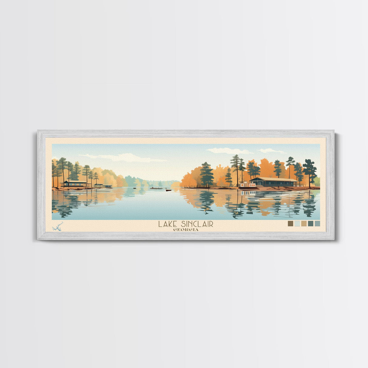 Lake Sinclair Georgia Framed Canvas Print, Panoramic Wall Art, Midcentury Modern, Pop Art, Living Room Decor, Travel Poster, Lake House Art