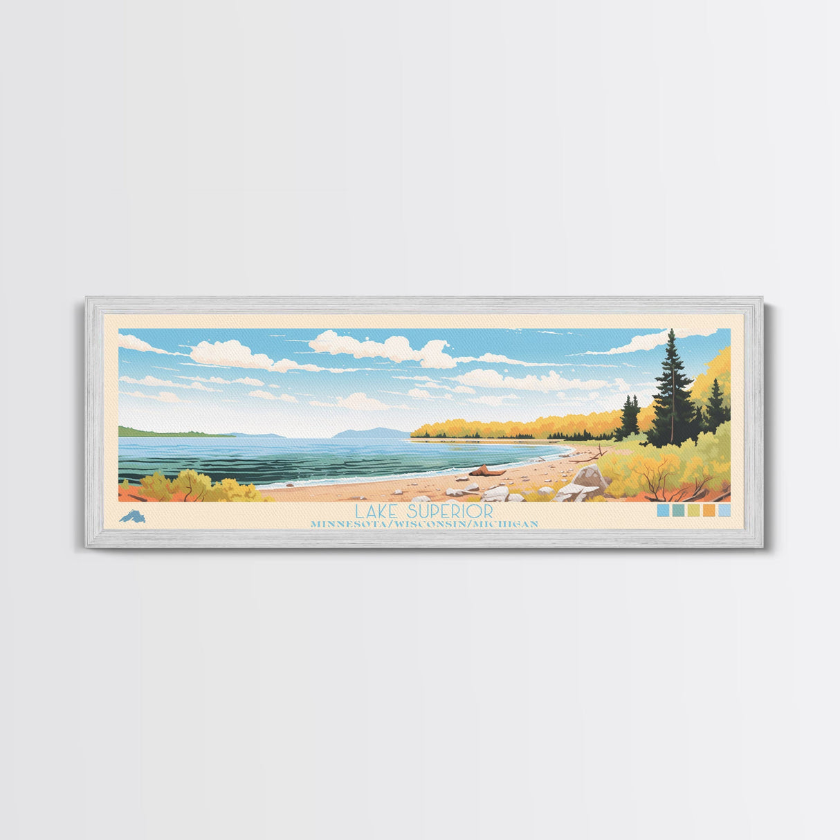 Lake Superior MinnesotaWisconsinMichigan Framed Canvas Print, Panoramic Wall Art, Midcentury Modern, Pop Art, Living Room Decor, Travel Poster, Lake House Art