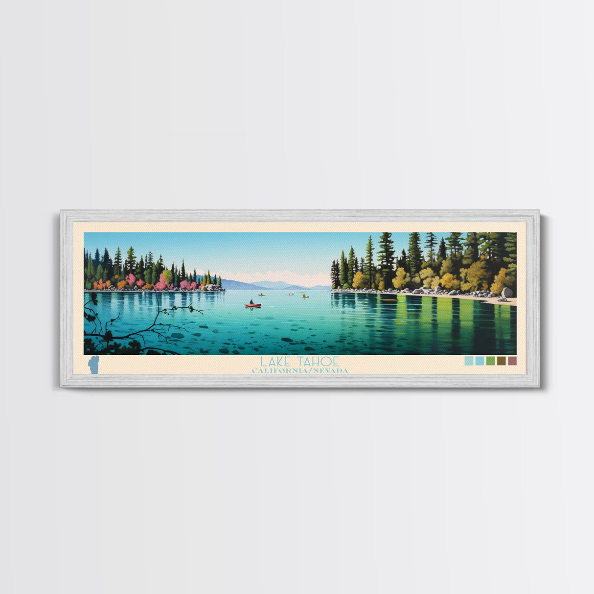 Lake Tahoe CaliforniaNevada Framed Canvas Print, Panoramic Wall Art, Midcentury Modern, Pop Art, Bedroom Art, Travel Poster, Lake House Decor