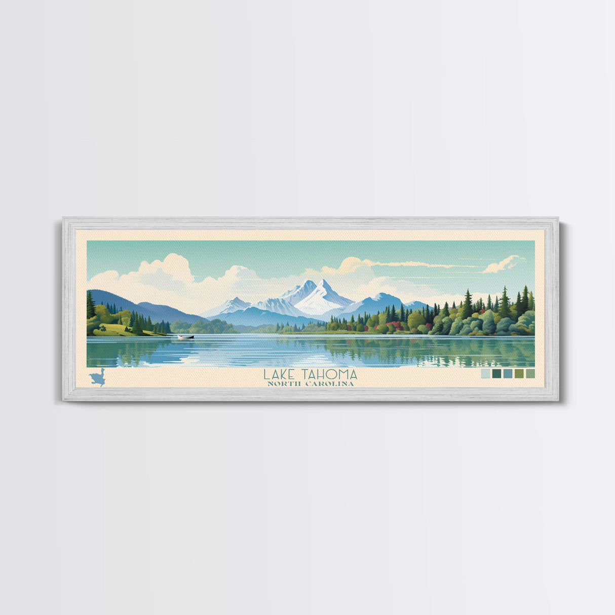 Lake Tahoma North Carolina Framed Canvas Print, Panoramic Wall Art, Midcentury Modern, Pop Art, Living Room Decor, Travel Poster, Lake House Art